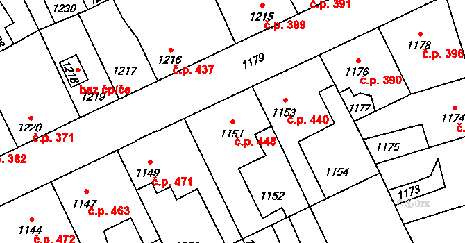 Kročehlavy 448, Kladno na parcele st. 1151 v KÚ Kročehlavy, Katastrální mapa