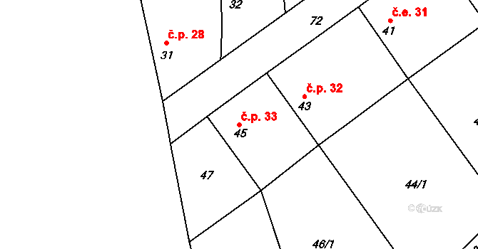 Žhery 33, Klučov na parcele st. 45 v KÚ Žhery, Katastrální mapa