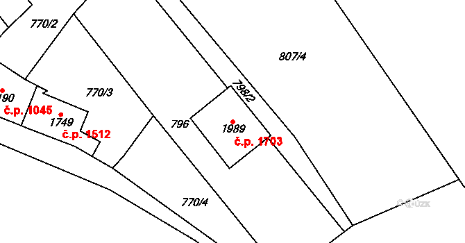 Kraslice 1703 na parcele st. 1989 v KÚ Kraslice, Katastrální mapa