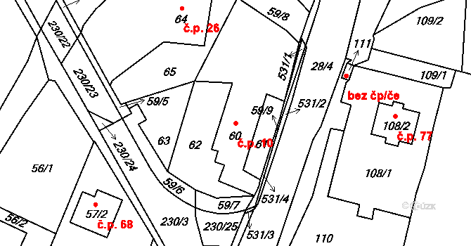 Olešná 10, Blansko na parcele st. 60 v KÚ Olešná u Blanska, Katastrální mapa