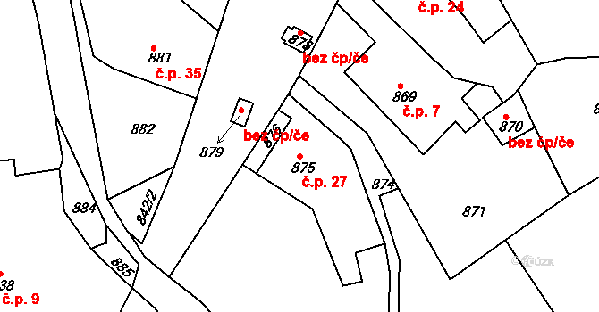 Neřežín 27, Chaloupky na parcele st. 875 v KÚ Chaloupky, Katastrální mapa