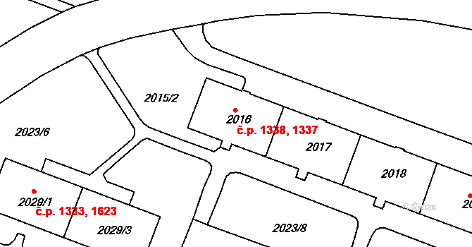 Tachov 1337,1338 na parcele st. 2016 v KÚ Tachov, Katastrální mapa