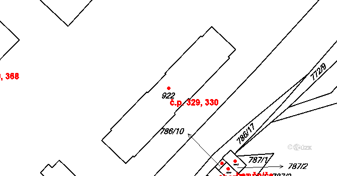 Komárov 329,330 na parcele st. 922 v KÚ Komárov u Hořovic, Katastrální mapa