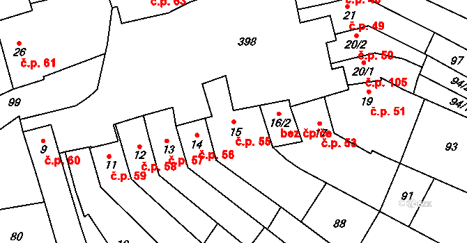 Kožušany 55, Kožušany-Tážaly na parcele st. 15 v KÚ Kožušany, Katastrální mapa