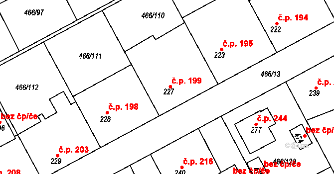 Broumy 199 na parcele st. 227 v KÚ Broumy, Katastrální mapa