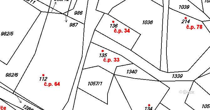 Podhorní Újezd 33, Podhorní Újezd a Vojice na parcele st. 135 v KÚ Podhorní Újezd, Katastrální mapa