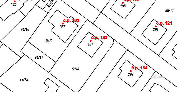 Valdice 133 na parcele st. 287 v KÚ Valdice, Katastrální mapa