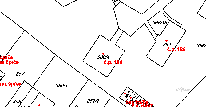 Skorotice 186, Ústí nad Labem na parcele st. 366/4 v KÚ Skorotice u Ústí nad Labem, Katastrální mapa