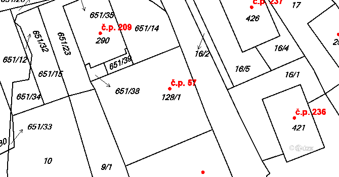 Horní Stropnice 57 na parcele st. 128/1 v KÚ Horní Stropnice, Katastrální mapa