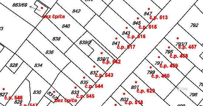 Pelhřimov 542 na parcele st. 839/1 v KÚ Pelhřimov, Katastrální mapa