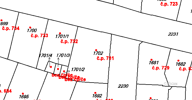 Holešovice 731, Praha na parcele st. 1702 v KÚ Holešovice, Katastrální mapa