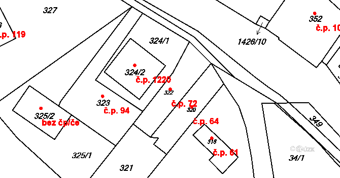 Dolní Chabry 72, Praha na parcele st. 322 v KÚ Dolní Chabry, Katastrální mapa