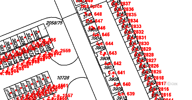 Hodonín 643 na parcele st. 3905 v KÚ Hodonín, Katastrální mapa