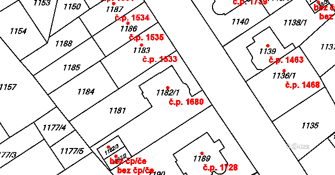 Chomutov 1680 na parcele st. 1182/1 v KÚ Chomutov I, Katastrální mapa