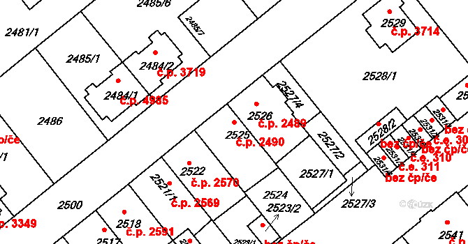 Chomutov 2490 na parcele st. 2525 v KÚ Chomutov II, Katastrální mapa