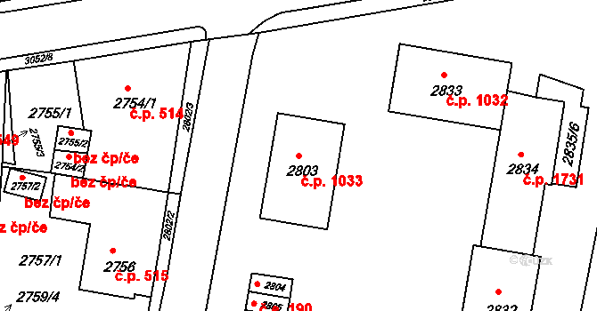 Jirkov 1033 na parcele st. 2803 v KÚ Jirkov, Katastrální mapa