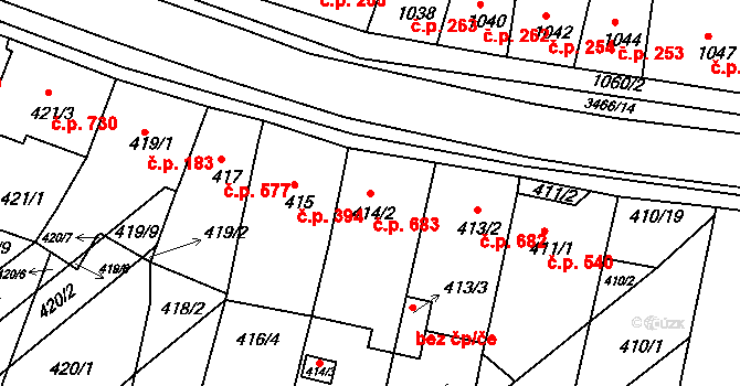 Střelice 683 na parcele st. 414/2 v KÚ Střelice u Brna, Katastrální mapa