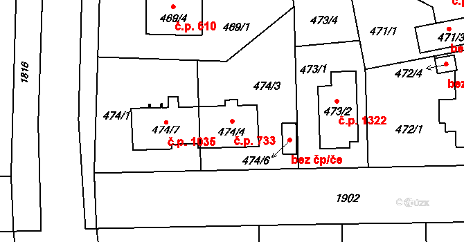 Černice 733, Plzeň na parcele st. 474/4 v KÚ Bručná, Katastrální mapa