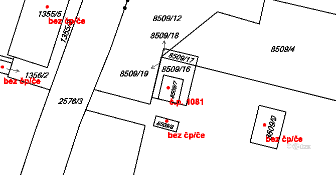 Skvrňany 1081, Plzeň na parcele st. 8509/7 v KÚ Plzeň, Katastrální mapa