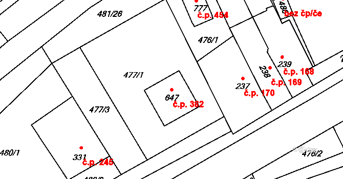 Louky 382, Zlín na parcele st. 647 v KÚ Louky nad Dřevnicí, Katastrální mapa