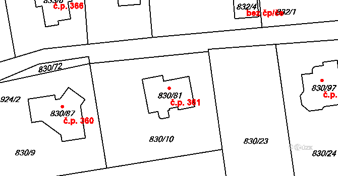 Srubec 361 na parcele st. 830/81 v KÚ Srubec, Katastrální mapa