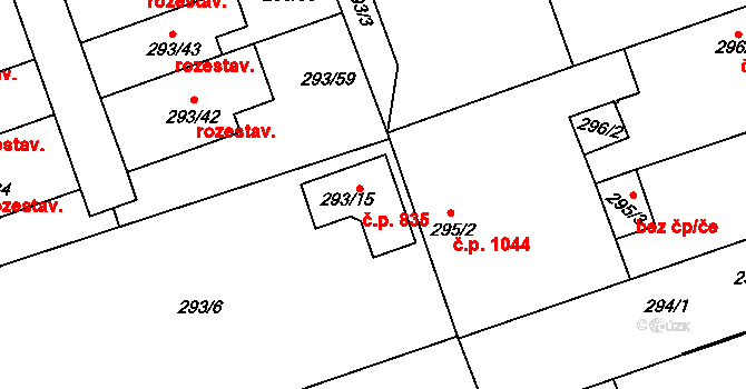 Libuš 835, Praha na parcele st. 293/15 v KÚ Libuš, Katastrální mapa