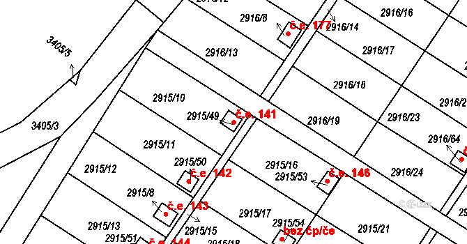 Kopřivnice 141 na parcele st. 2915/49 v KÚ Kopřivnice, Katastrální mapa