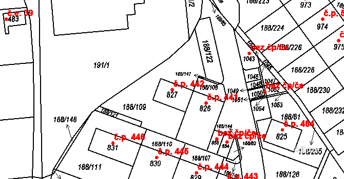 Věkoše 442, Hradec Králové na parcele st. 827 v KÚ Věkoše, Katastrální mapa