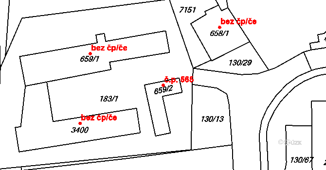 Kraslice 565 na parcele st. 659/2 v KÚ Kraslice, Katastrální mapa