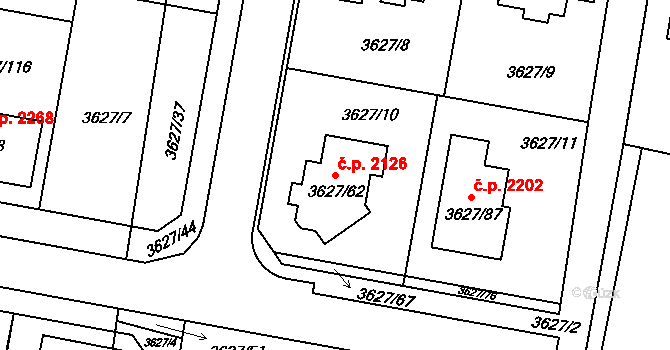 Velké Meziříčí 2126 na parcele st. 3627/62 v KÚ Velké Meziříčí, Katastrální mapa