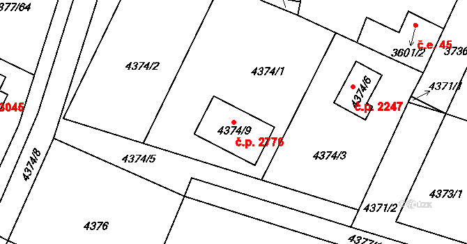 Horní Počernice 2776, Praha na parcele st. 4374/9 v KÚ Horní Počernice, Katastrální mapa
