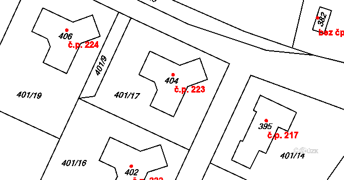 Veselá 223, Mnichovo Hradiště na parcele st. 404 v KÚ Veselá u Mnichova Hradiště, Katastrální mapa