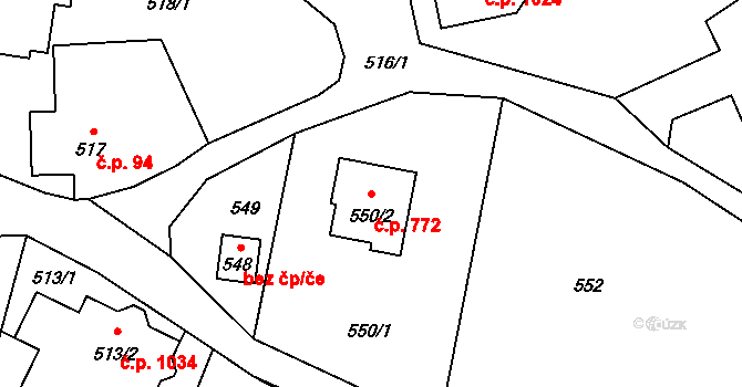 Stará Bělá 772, Ostrava na parcele st. 550/2 v KÚ Stará Bělá, Katastrální mapa