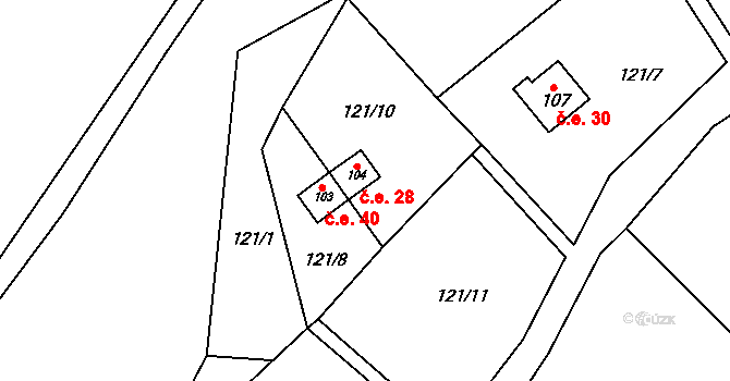 Borač 28 na parcele st. 104 v KÚ Borač, Katastrální mapa