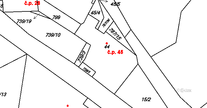 Lhotka 45 na parcele st. 44 v KÚ Lhotka u Žďáru nad Sázavou, Katastrální mapa