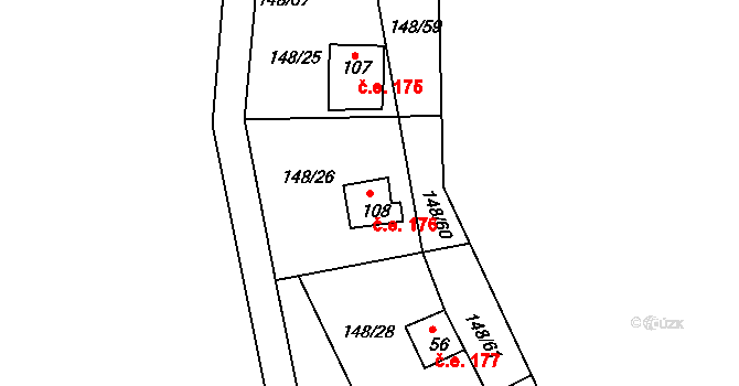 Mechová 176, Lipová na parcele st. 108 v KÚ Mechová, Katastrální mapa