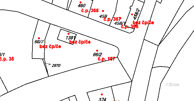 Luhačovice 187 na parcele st. 66/2 v KÚ Luhačovice, Katastrální mapa