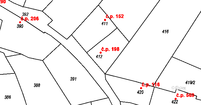 Spytihněv 198 na parcele st. 412 v KÚ Spytihněv, Katastrální mapa