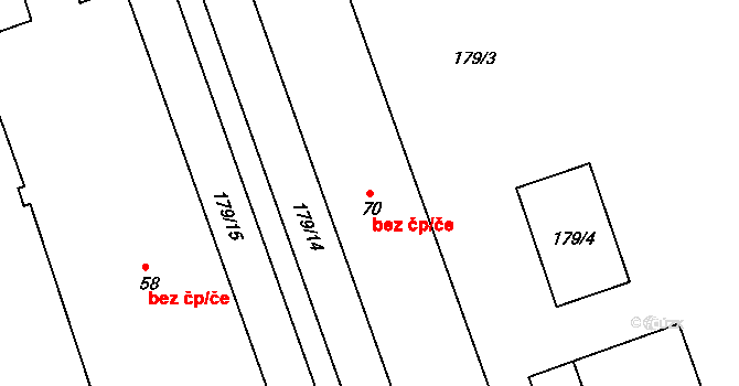 Býčkovice 41068921 na parcele st. 70 v KÚ Velký Újezd u Litoměřic, Katastrální mapa
