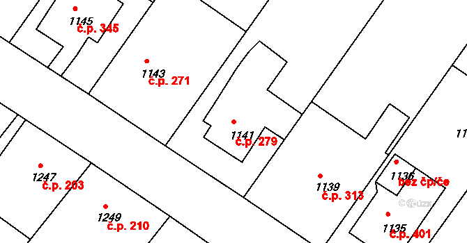 Štípa 279, Zlín na parcele st. 1141 v KÚ Štípa, Katastrální mapa