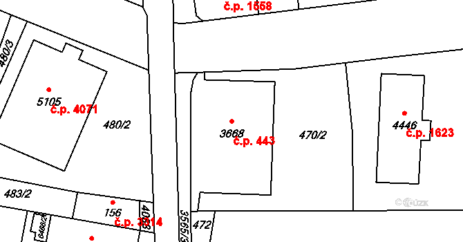 Zlín 443 na parcele st. 3668 v KÚ Zlín, Katastrální mapa