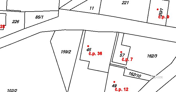 Jelenice 36, Vítkov na parcele st. 45 v KÚ Jelenice, Katastrální mapa