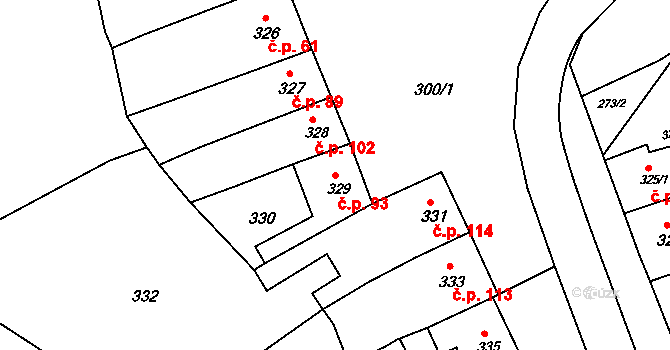 Hrušky 93 na parcele st. 329 v KÚ Hrušky u Brna, Katastrální mapa