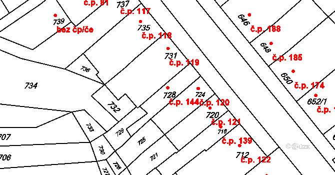Pustiměřské Prusy 144, Pustiměř na parcele st. 728 v KÚ Pustiměř, Katastrální mapa