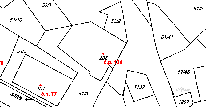 Žumberk 136 na parcele st. 298 v KÚ Žumberk, Katastrální mapa