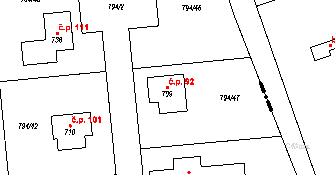 Halouny 92, Svinaře na parcele st. 709 v KÚ Svinaře, Katastrální mapa