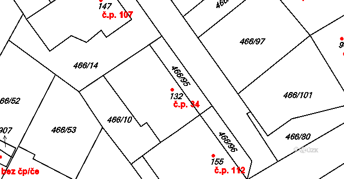 Prachovice 34 na parcele st. 132 v KÚ Prachovice, Katastrální mapa