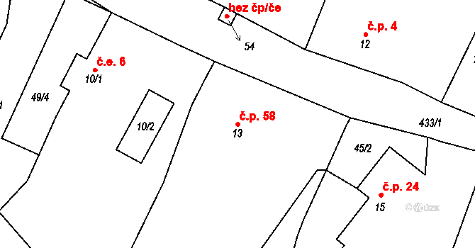 Křešov 58, Snědovice na parcele st. 13 v KÚ Křešov, Katastrální mapa