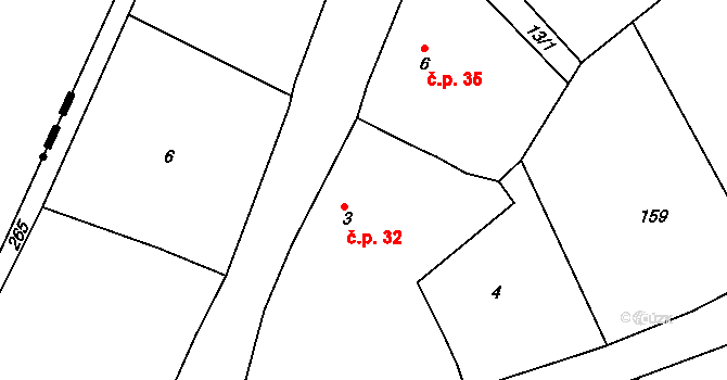 Buč 32, Bezvěrov na parcele st. 3 v KÚ Buč, Katastrální mapa