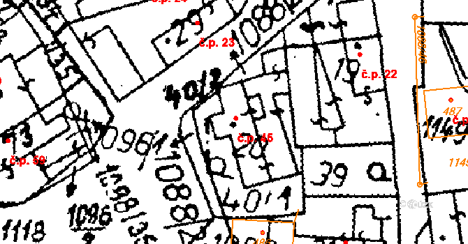 Tři Dvory 45 na parcele st. 20 v KÚ Tři Dvory, Katastrální mapa